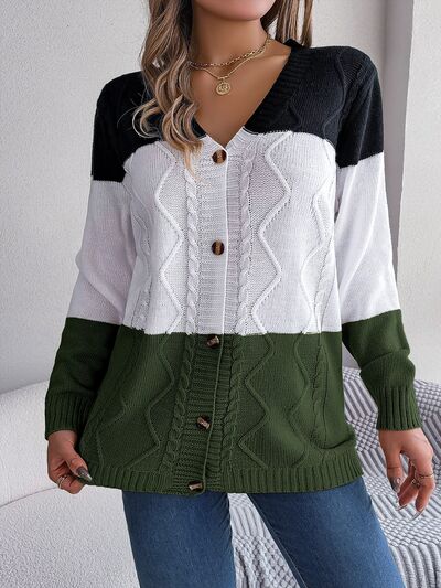 Cable-Knit Striped Color Block Button Up Cardigan (3 Colors) Shirts & Tops Krazy Heart Designs Boutique Army Green S 