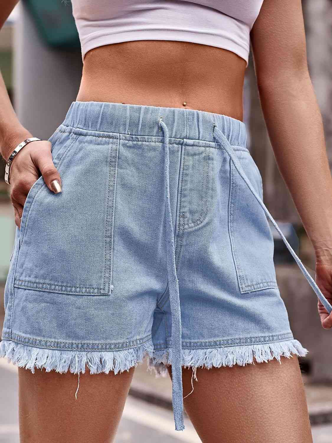 Drawstring Raw Hem Denim Shorts (12 Colors) shorts Krazy Heart Designs Boutique   