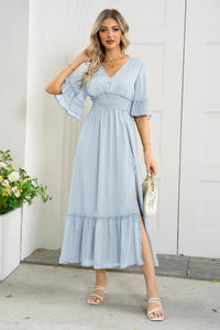 V-Neck Flounce Sleeve Smocked Waist High Slit Dress (4 Colors)  Krazy Heart Designs Boutique Misty  Blue S 