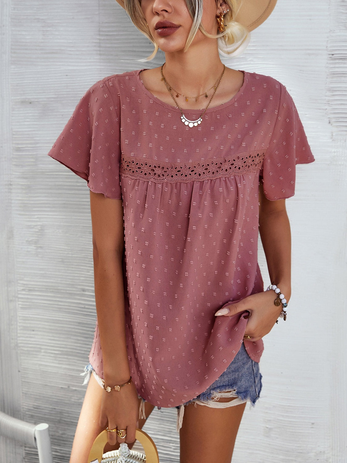 Lace Detail Swiss Dot Short Sleeve Blouse (2 Colors) Shirts & Tops Krazy Heart Designs Boutique Light Mauve S 