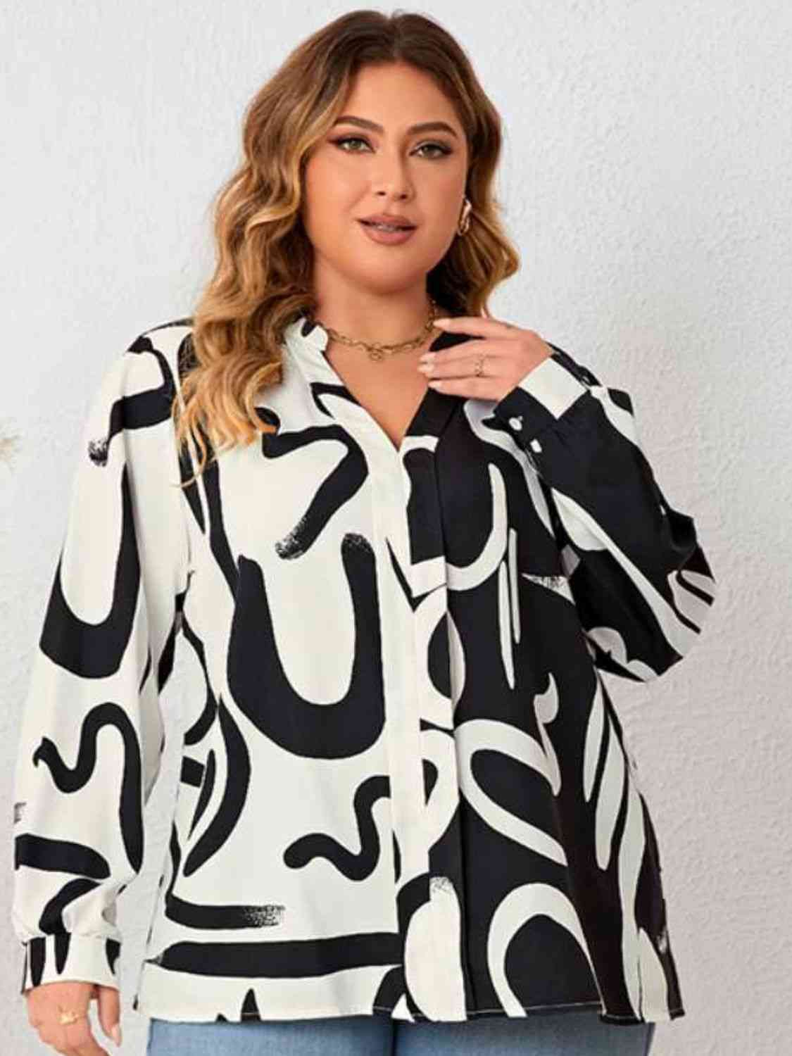Plus Size V Neck Contrast Color Printed Blouse Shirts & Tops Krazy Heart Designs Boutique White 1XL 