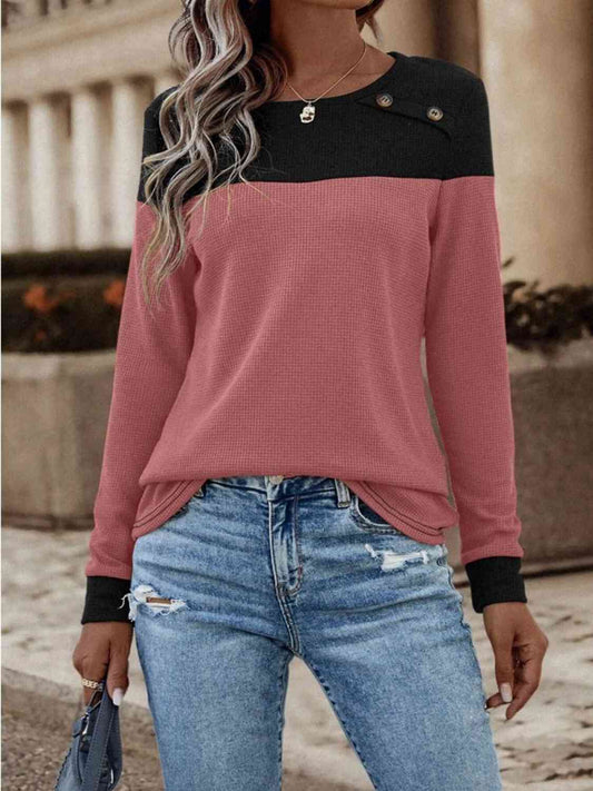 Contrast Color Buttoned Round Neck Long Sleeve Top (3 Colors)  Krazy Heart Designs Boutique Moonlit Mauve S 