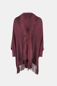 Fringe Open Front Long Sleeve Poncho (6 Colors) coats Krazy Heart Designs Boutique Wine One Size 