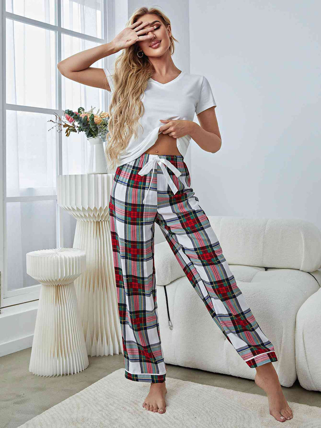 V-Neck Tee and Plaid Pants Lounge Set Loungewear Krazy Heart Designs Boutique White S 