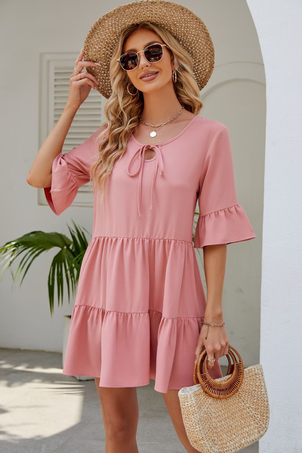 Tied Flounce Sleeve Mini Dress (4 Colors)  Krazy Heart Designs Boutique Blush Pink S 