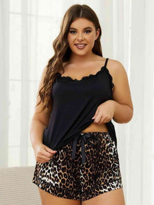 Plus Size Lace Trim Scoop Neck Cami and Printed Shorts Pajama Set ( 2 Style Designs) Loungewear Krazy Heart Designs Boutique Black 1XL 