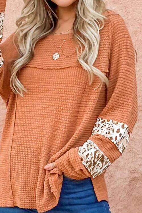 Waffle-Knit Leopard Long Sleeve Slit Blouse Shirts & Tops Krazy Heart Designs Boutique   