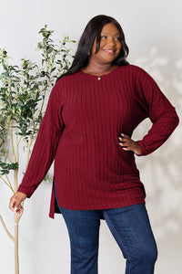 Basic Bae Full Size Ribbed Round Neck Long Sleeve Slit Top (4 Colors) Shirts & Tops Krazy Heart Designs Boutique Wine S 