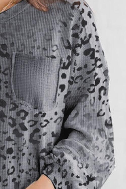 Pocketed Leopard Print Dropped Shoulder T-shirt Shirts & Tops Krazy Heart Designs Boutique   