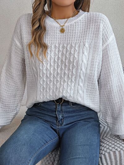 Cable-Knit Round Neck Long Sleeve Sweater (3 Colors) Shirts & Tops Krazy Heart Designs Boutique   