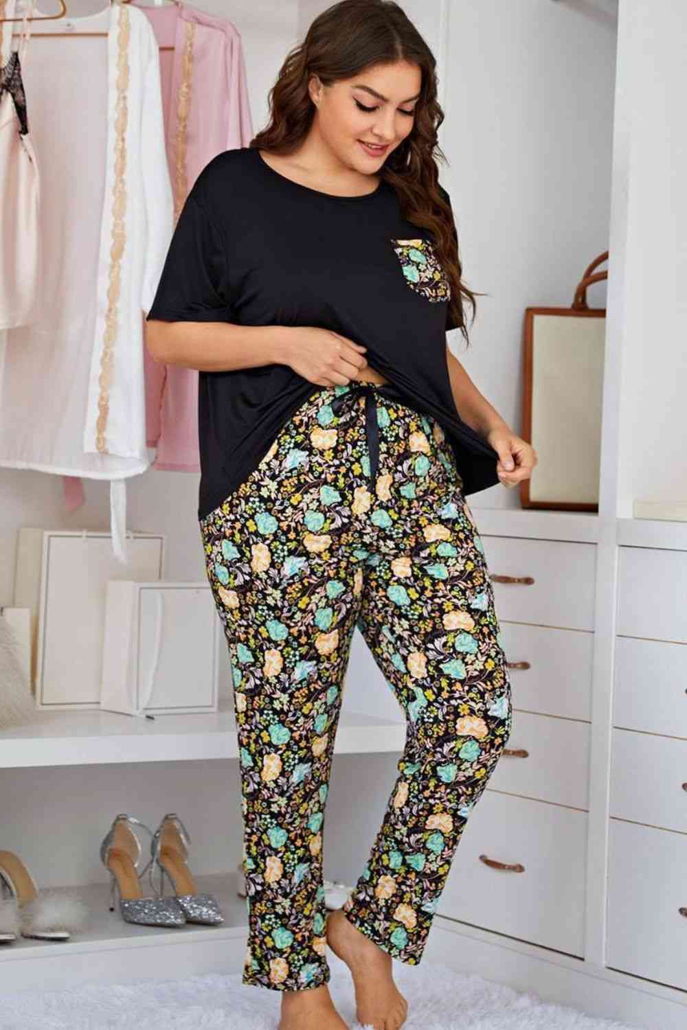 Plus Size Contrast Round Neck Tee and Floral Pants Lounge Set (2 Colors) Loungewear Krazy Heart Designs Boutique   