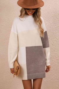 Color Block Mock Neck Dropped Shoulder Sweater Dress (4 Colors)  Krazy Heart Designs Boutique Ivory S 