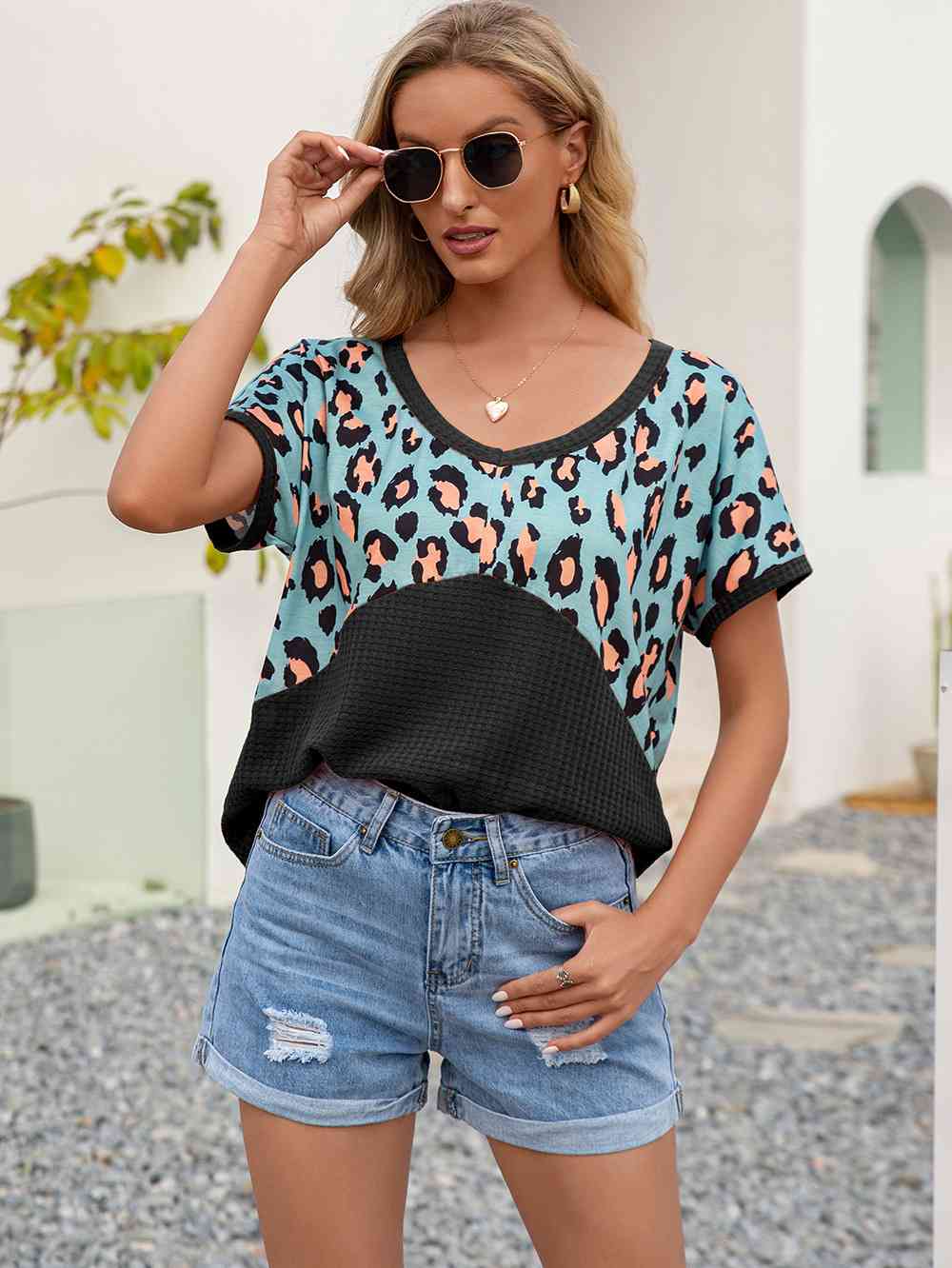 Leopard Waffle-Knit Short Sleeve Top (4 Colors) Shirts & Tops Krazy Heart Designs Boutique Black S 