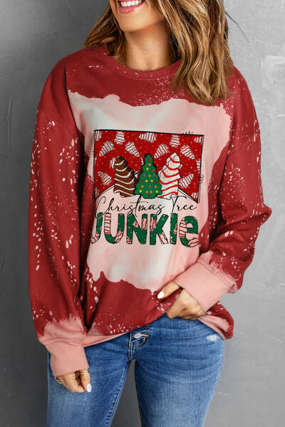 CHRISTMAS TREE JUNKIE Round Neck Long Sleeve Sweatshirt Shirts & Tops Krazy Heart Designs Boutique Brick Red S 