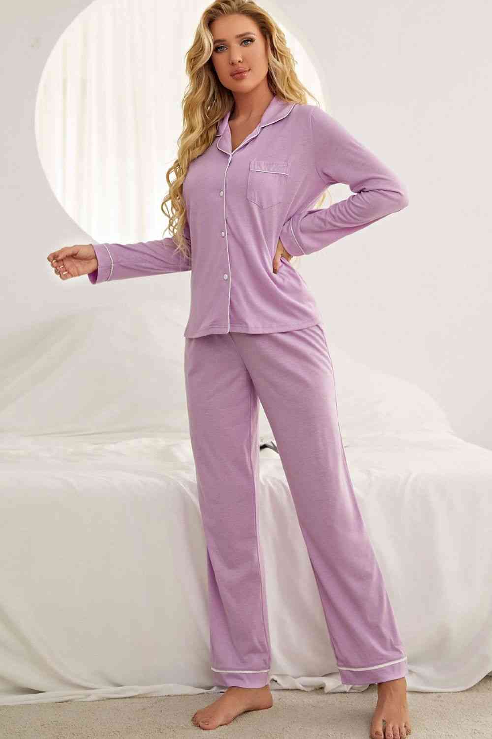 Contrast Piping Button Down Top and Pants Loungewear Set (2 Colors) Loungewear Krazy Heart Designs Boutique   