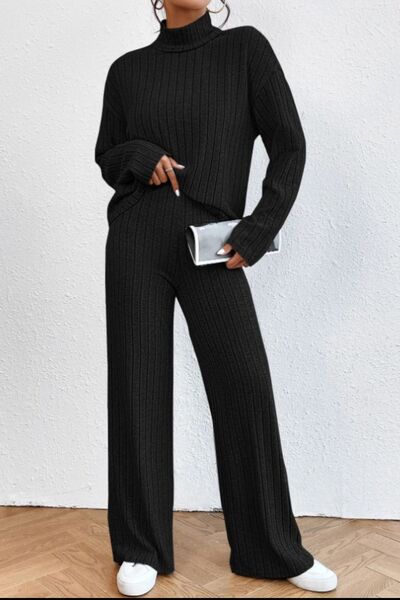 Mock Neck Dropped Shoulder Top and Pants Lounge Set (5 Colors) Loungewear Krazy Heart Designs Boutique Black S 