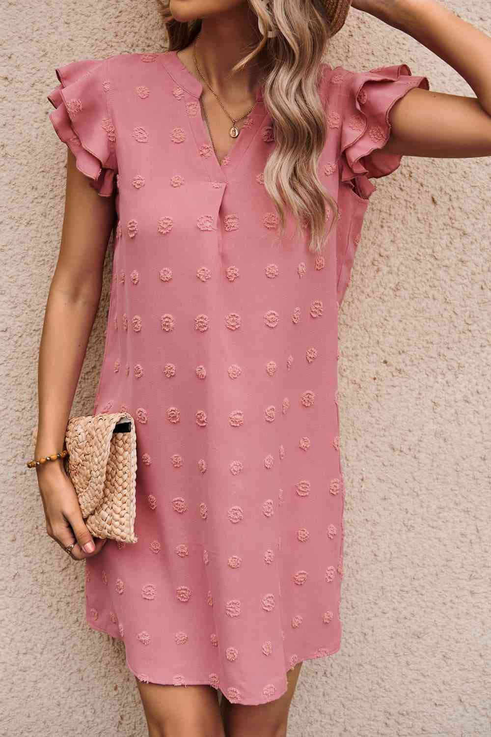 Swiss Dot Notched Neck Flutter Sleeve Dress  Krazy Heart Designs Boutique   