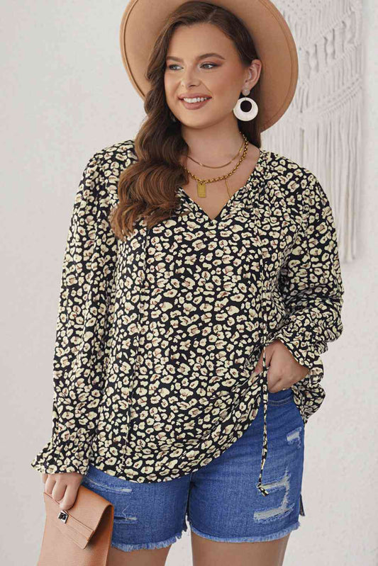 Plus Size Floral Flounce Sleeve Tie-Neck Blouse Shirts & Tops Krazy Heart Designs Boutique Black 1X 