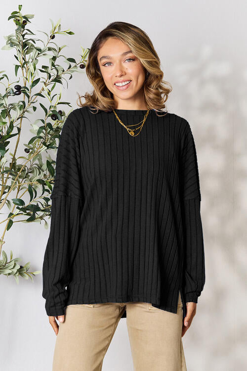 Basic Bae Full Size Ribbed Round Neck Slit Top (2 Colors) Shirts & Tops Krazy Heart Designs Boutique   