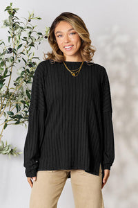 Basic Bae Full Size Ribbed Round Neck Slit Top (2 Colors) Shirts & Tops Krazy Heart Designs Boutique   