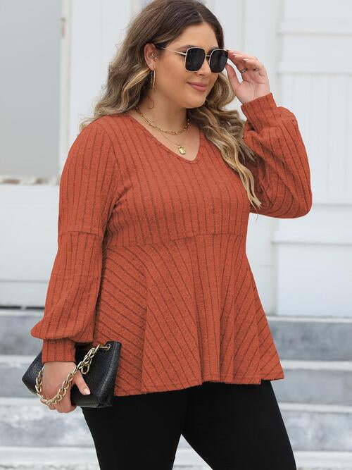 Plus Size Ribbed V-Neck Long Sleeve Blouse (4 Colors) Shirts & Tops Krazy Heart Designs Boutique   