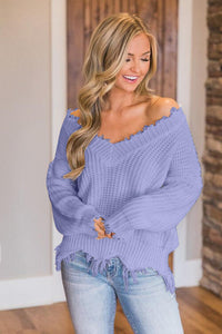 Frayed Hem Dropped Shoulder Sweater (10 Colors) Shirts & Tops Krazy Heart Designs Boutique Lavender S 