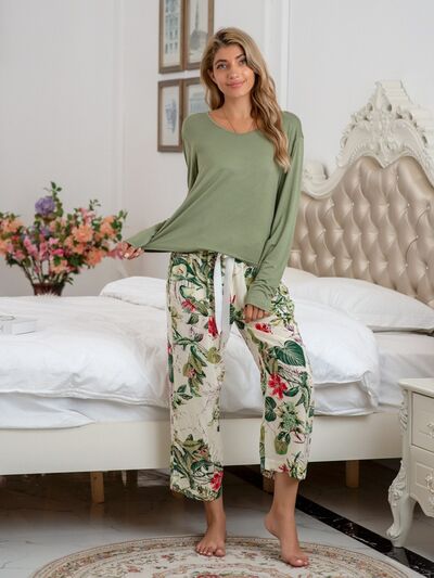Round Neck Top and Printed Pants Lounge Set (9 Colors) Loungewear Krazy Heart Designs Boutique   
