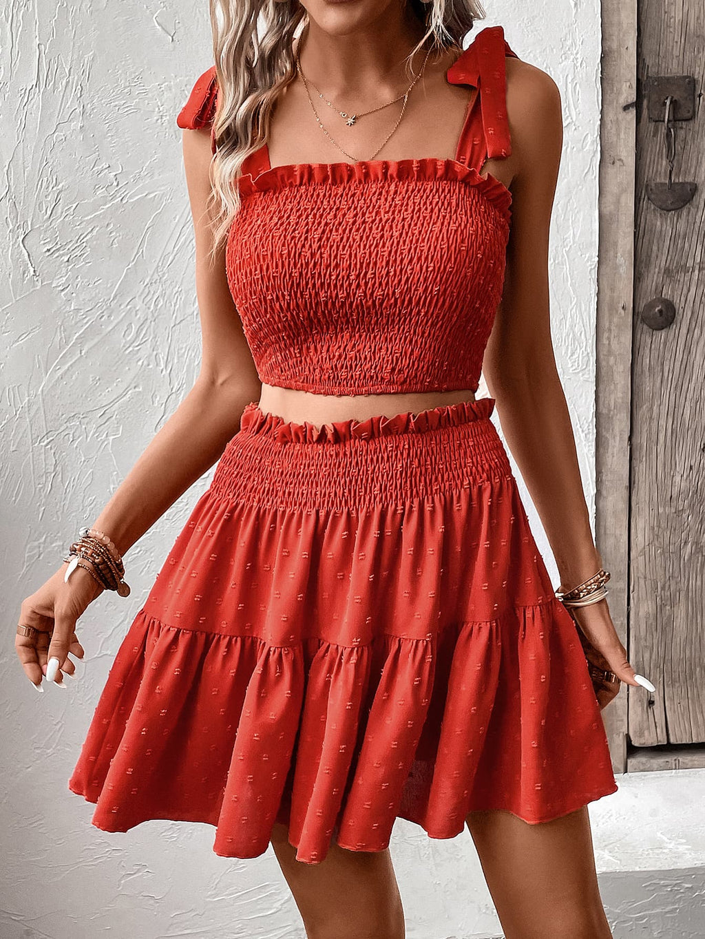 Smocked Tank and Frill Trim Skirt Set  Krazy Heart Designs Boutique Red Orange S 