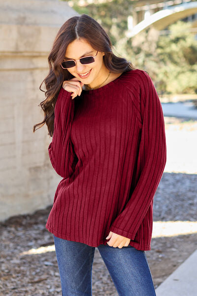 Basic Bae Full Size Ribbed Round Neck Long Sleeve Knit Top (5 Colors) Shirts & Tops Krazy Heart Designs Boutique Scarlet S 