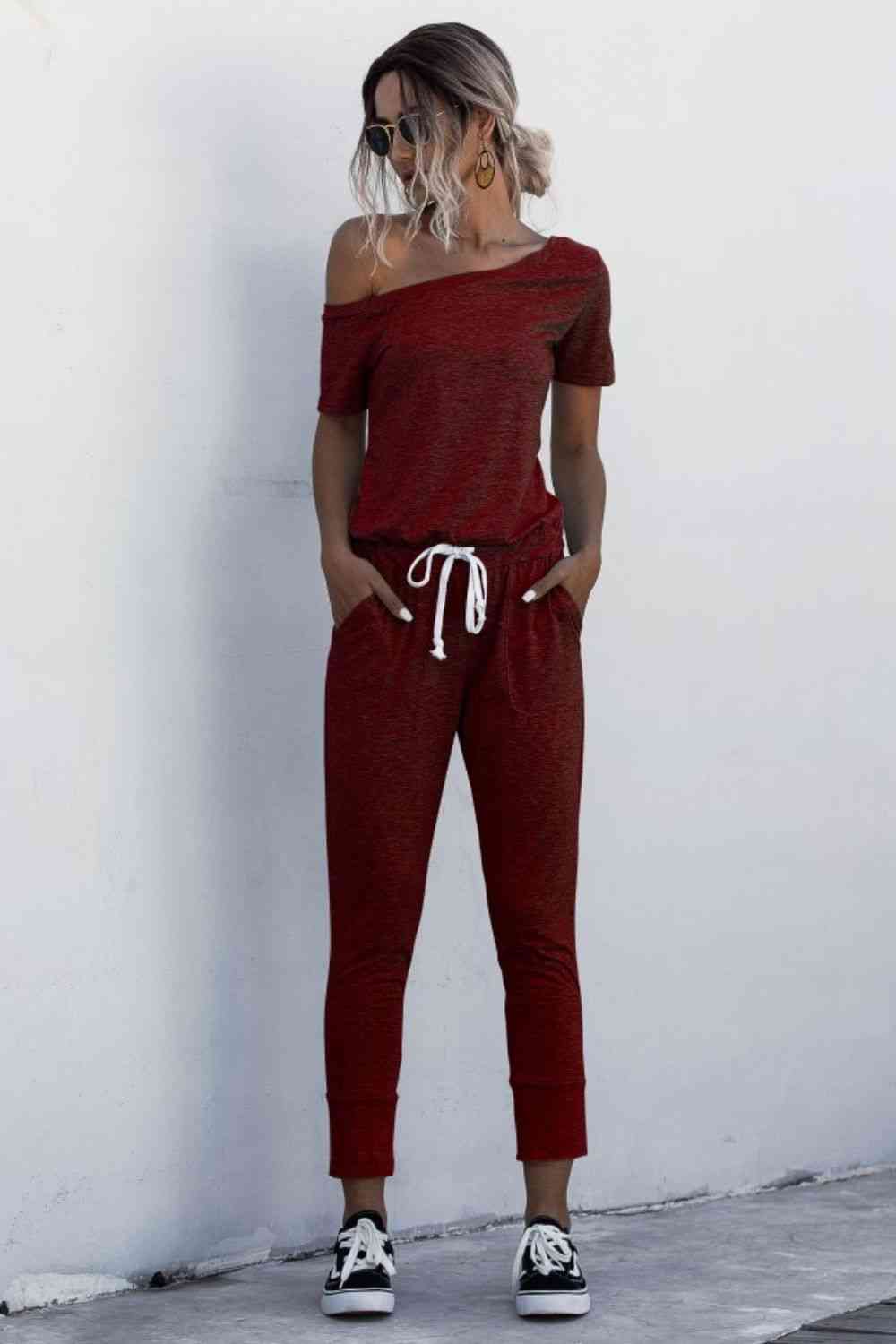 Asymmetrical Neck Tied Jumpsuit with Pockets (4 Colors)  Krazy Heart Designs Boutique Wine S 