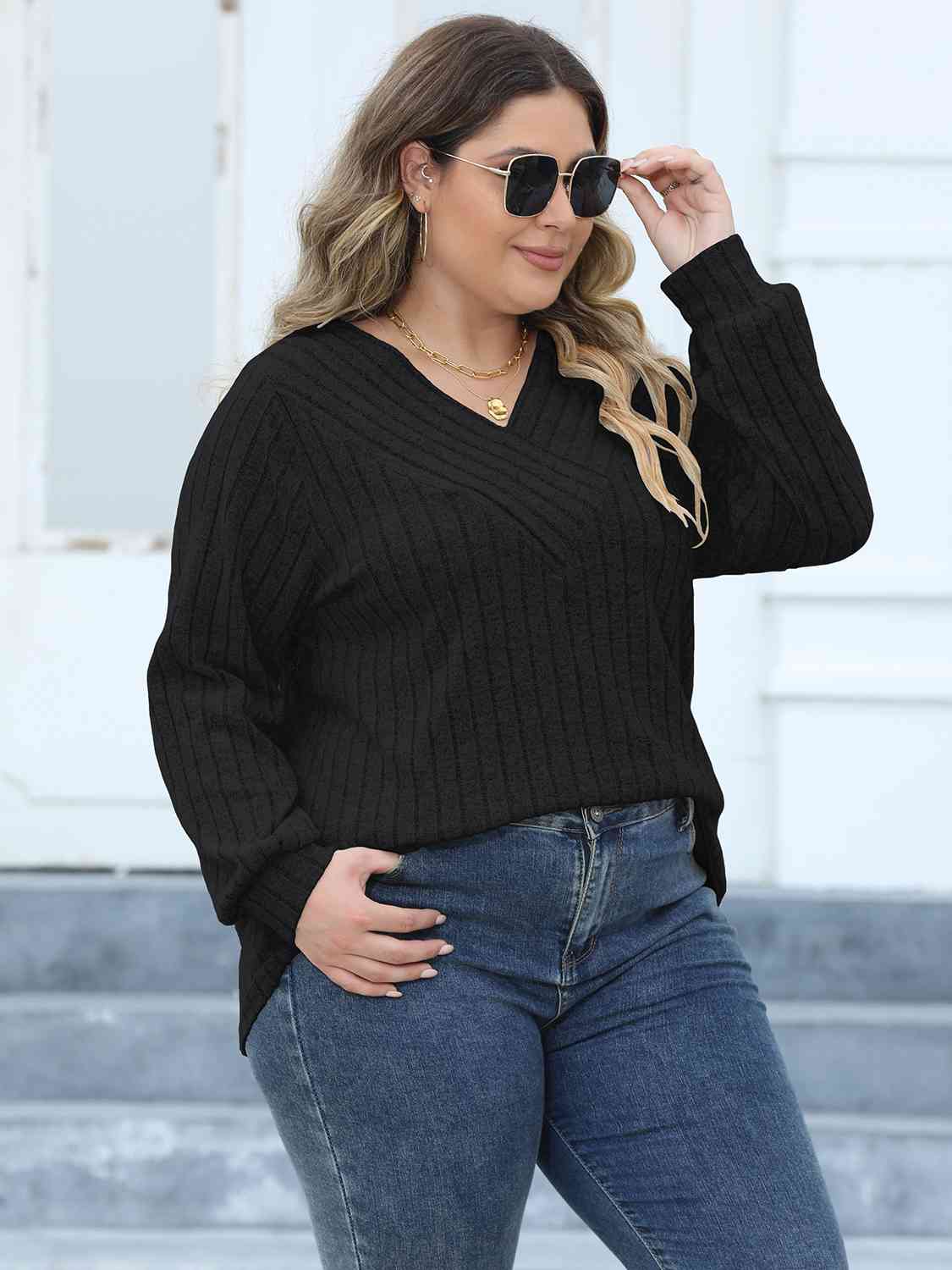 Plus Size Ribbed V-Neck Long Sleeve Top (4 Colors) Shirts & Tops Krazy Heart Designs Boutique   