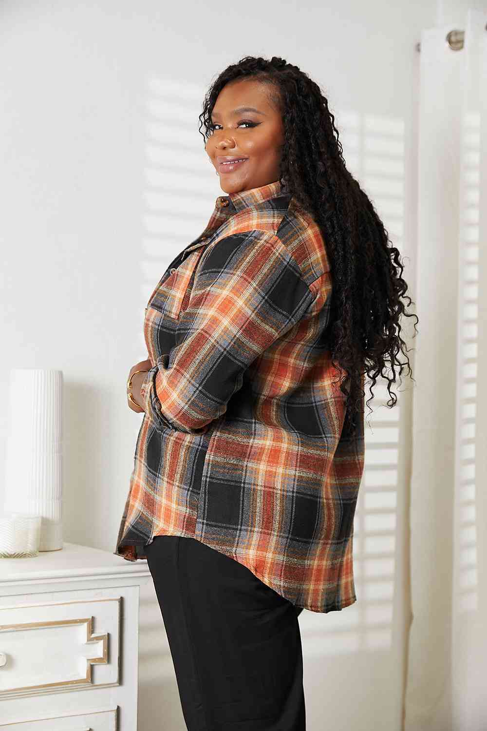 Double Take Plaid Dropped Shoulder Shirt (4 Colors)  Krazy Heart Designs Boutique   