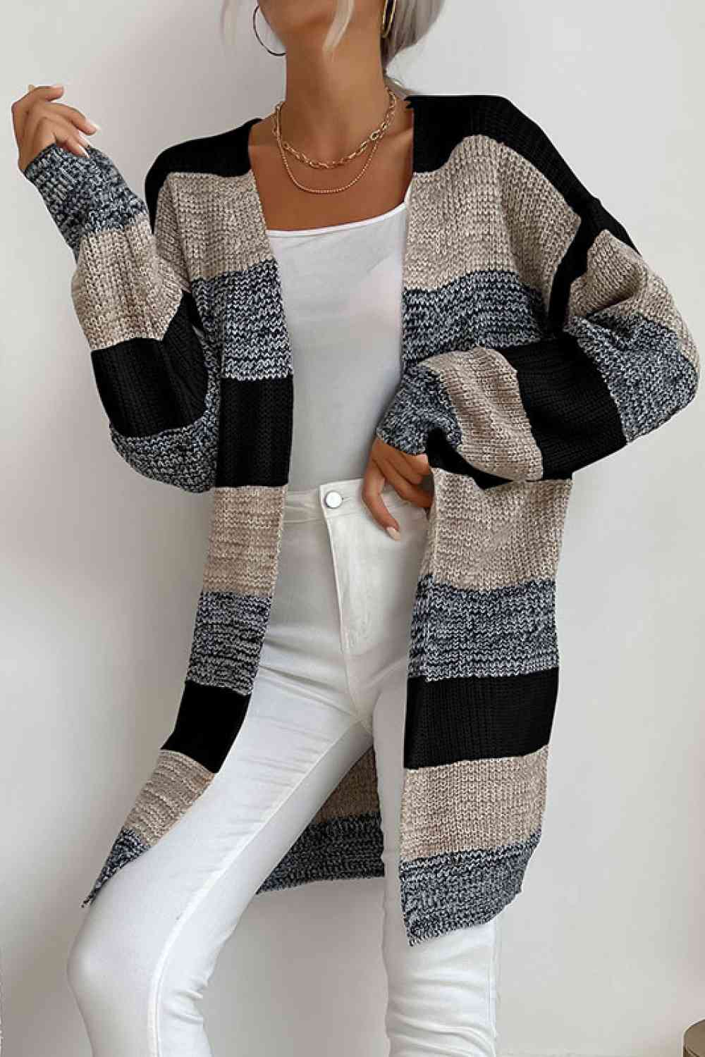 Striped Long Sleeve Duster Cardigan (5 Colors)  Krazy Heart Designs Boutique Khaki/Black/Dark Gray S 