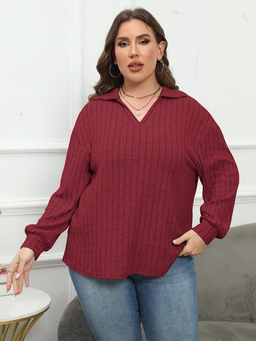 Plus Size Ribbed Collared Neck Long Sleeve Blouse (4 Colors) Shirts & Tops Krazy Heart Designs Boutique   