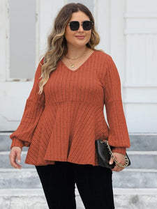 Plus Size Ribbed V-Neck Long Sleeve Blouse (4 Colors) Shirts & Tops Krazy Heart Designs Boutique Red Orange L 