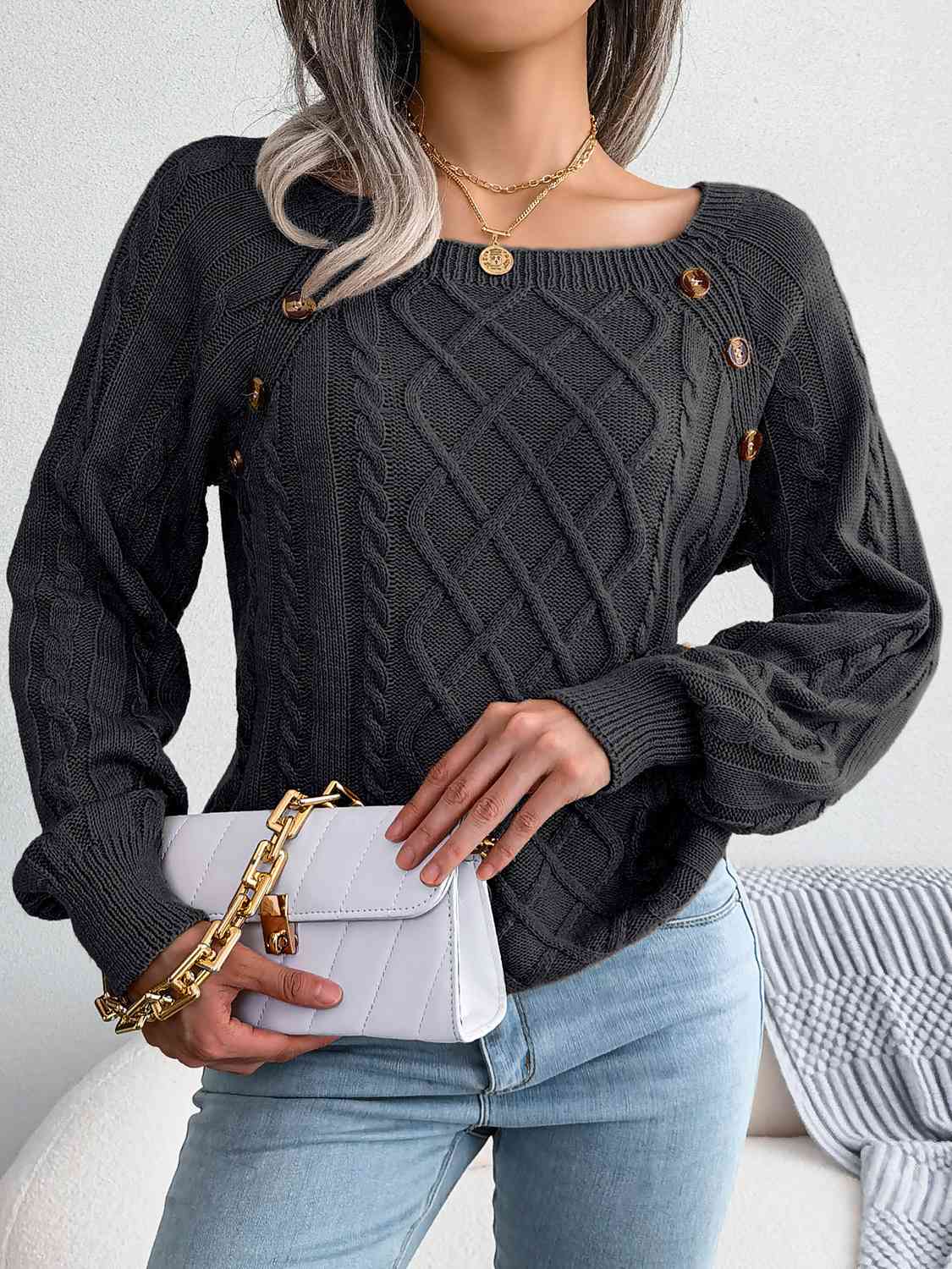 Decorative Button Cable-Knit Sweater (5 Colors) Shirts & Tops Krazy Heart Designs Boutique Black S 