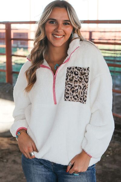 Half Zip Leopard Contrast Long Sleeve Sweatshirt Shirts & Tops Krazy Heart Designs Boutique   