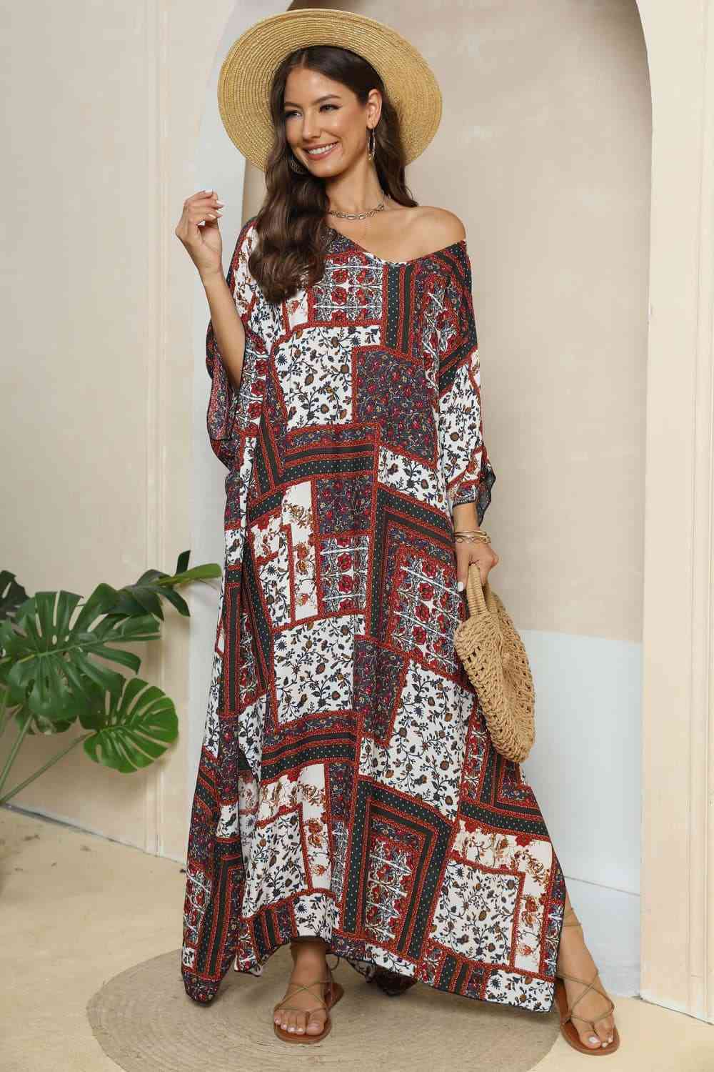 Patchwork Printed V-Neck Split Maxi Dress (2 Colors)  Krazy Heart Designs Boutique Deep Red One Size 