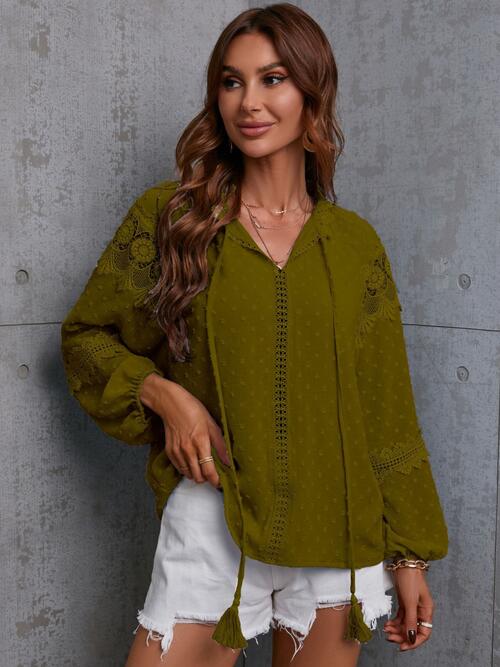 Crochet Tassel Tie Neck Long Sleeve Blouse (4 Colors) Shirts & Tops Krazy Heart Designs Boutique Moss S 