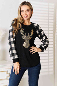 Heimish Full Size Sequin Reindeer Graphic Plaid Top  Krazy Heart Designs Boutique Black S 