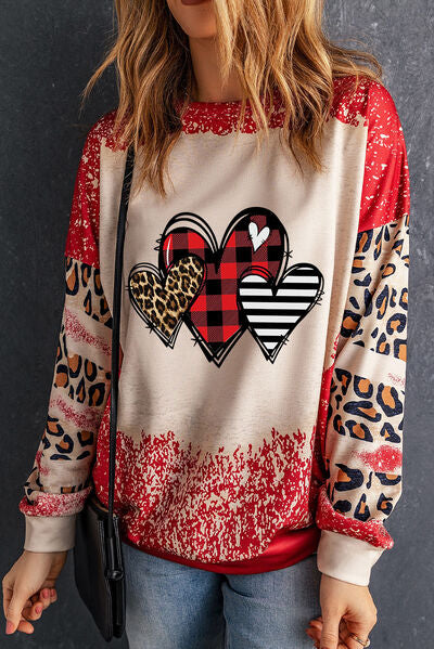 Heart Leopard Print Round Neck Sweatshirt Shirts & Tops Krazy Heart Designs Boutique Deep Red S 