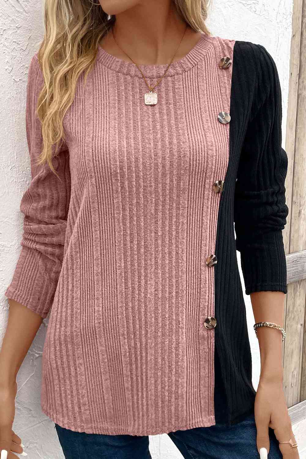 Contrast Color Long Sleeve Knit Top (6 Colors) Shirts & Tops Krazy Heart Designs Boutique Dusty Pink S 