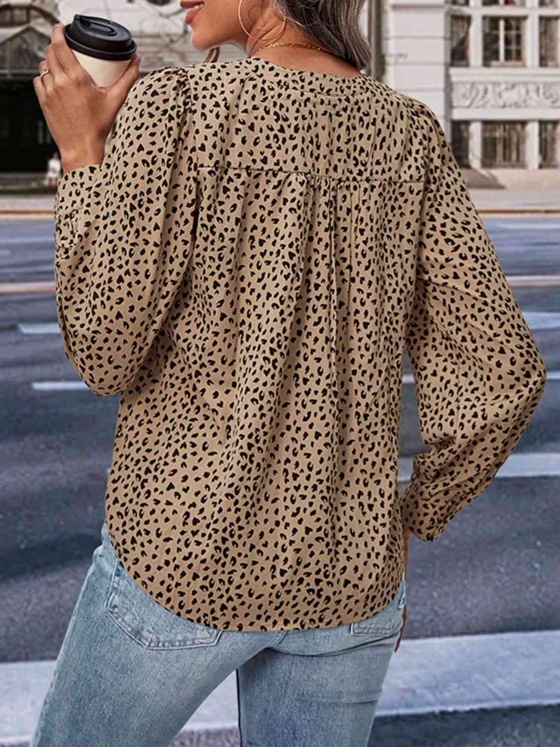 Leopard Notched Neck Puff Sleeve Blouse  Krazy Heart Designs Boutique   