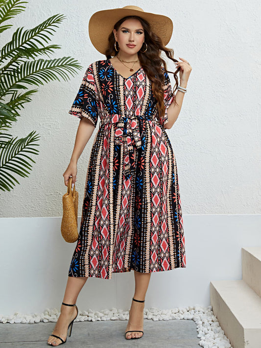 Plus Size Bohemian V-Neck Tie Belt Midi Dress Dress Krazy Heart Designs Boutique   