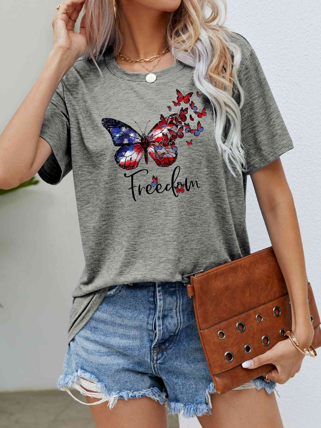 FREEDOM Butterfly Graphic Short Sleeve Tee (5 Colors)  Krazy Heart Designs Boutique Mid Gray S 