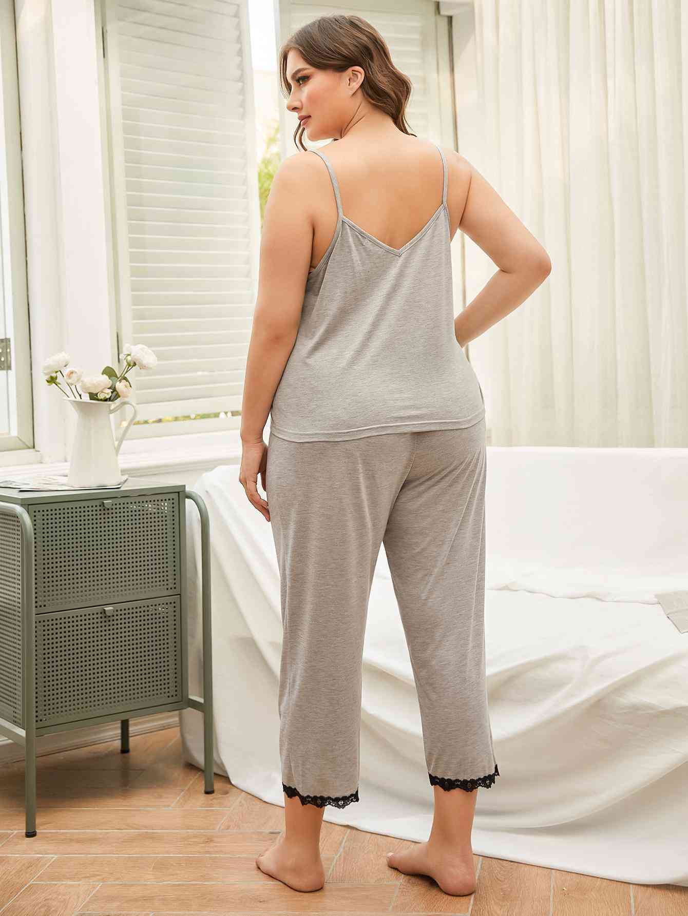 Plus Size Lace Trim Slit Cami and Pants Pajama Set (2 Colors) Loungewear Krazy Heart Designs Boutique   