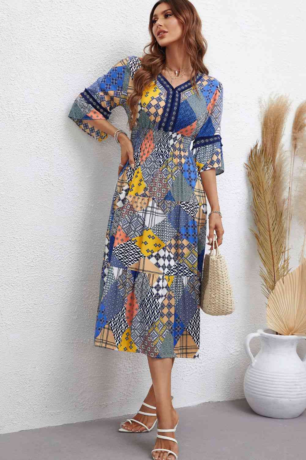 Patchwork V-Neck Tiered Midi Dress  Krazy Heart Designs Boutique   