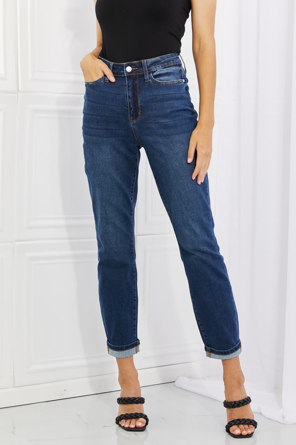 Judy Blue Crystal Full Size High Waisted Cuffed Boyfriend Jeans  Krazy Heart Designs Boutique Dark 0(24) 