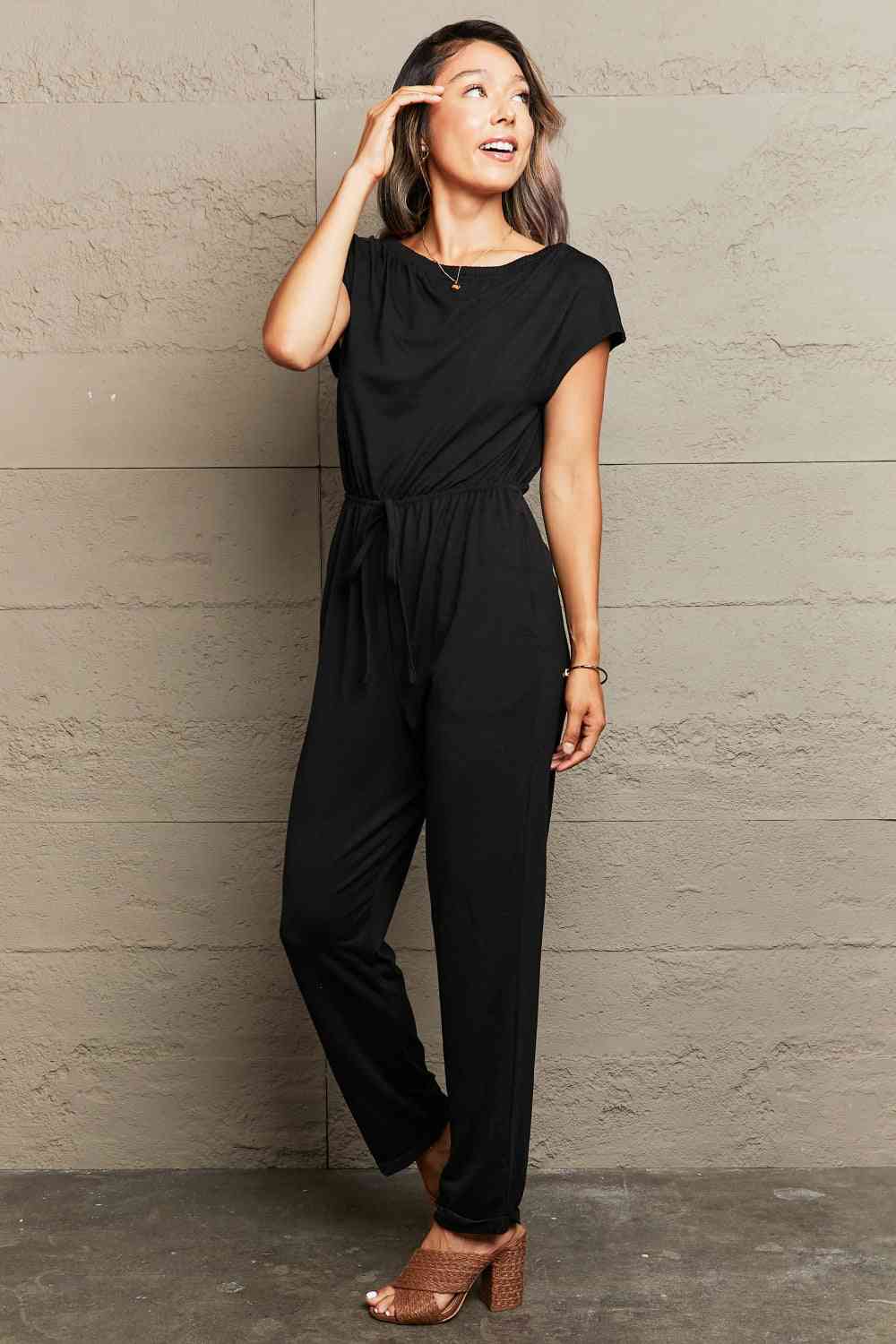 Boat Neck Short Sleeve Jumpsuit with Pockets  Krazy Heart Designs Boutique   