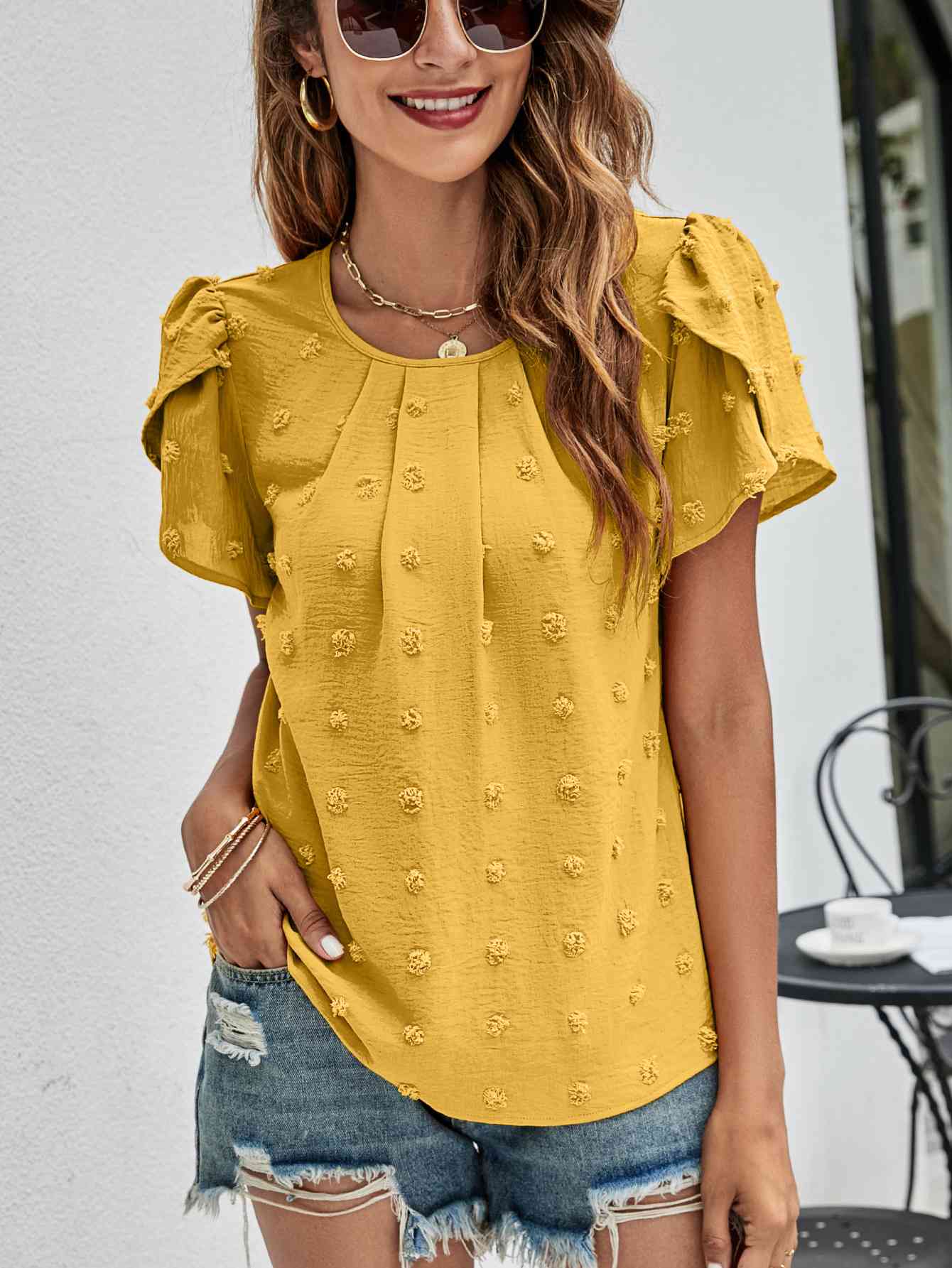 Swiss Dot Round Neck Petal Sleeve Top (10 Colors)  Krazy Heart Designs Boutique Mustard S 